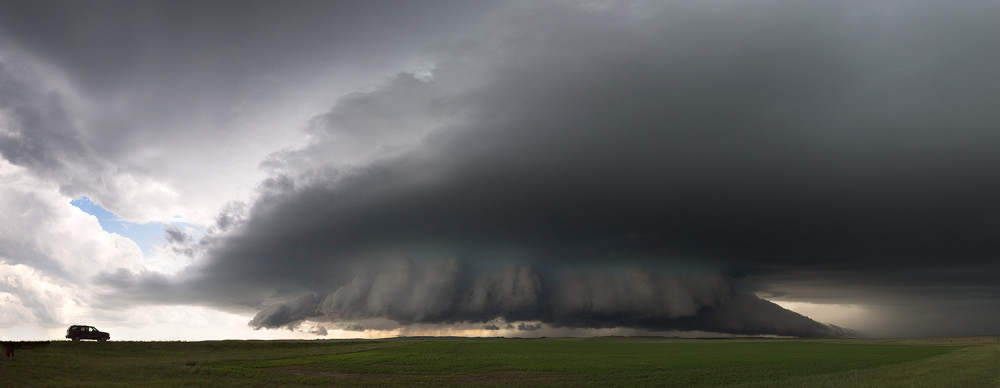 Panoramic image of a amazing wall and tail cloud associated with strong updraft near Boyes, Montana.